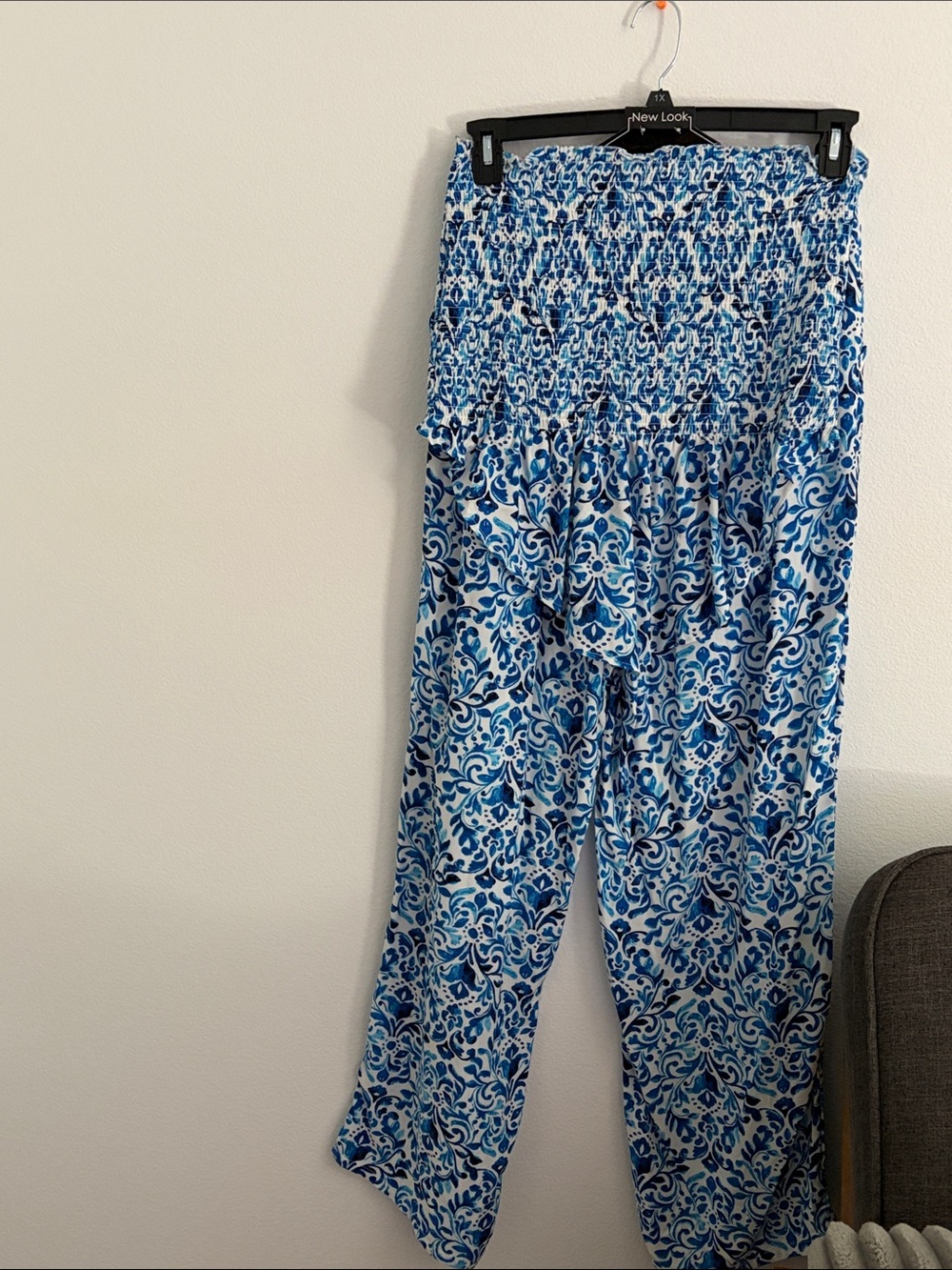 New Look Blue & White Printed Smocked-Waist pants